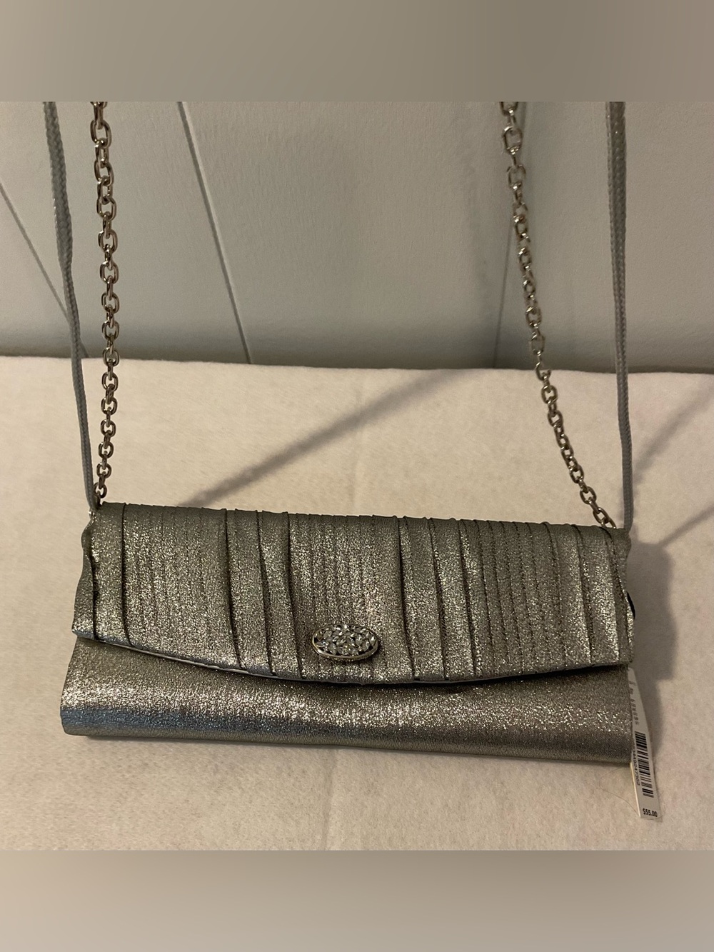Kate Landry Metallic Silver Women’s Clutch Bag with Chain Strap